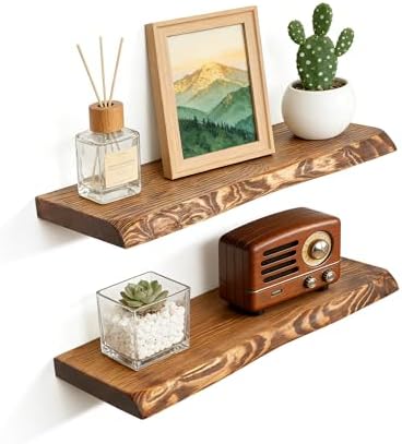 24 Inch Live Edge Floating Shelves for Wall Set of 2, Solid Finni...