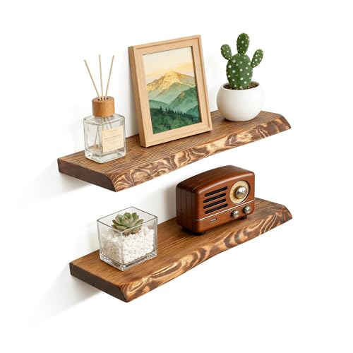 TRNOB 24 Inch Live Edge Floating Shelves for Wall Set of 2 Solid Finnish Spruce Natural Wood Floating Shelves Thick Rustic Edge Shelves for Bathroom Kitchen Living Room Decor Brown Finish