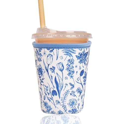 Image of Reusable Insulated Sleeve for Iced Coffee Cup, Coffee Neoprene Sleeve for Cold & Hot Drinks, Beverage Holder for Iced Coffee (Blue Fern Florals, Small: 16-18oz)