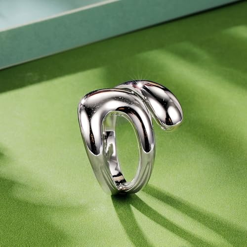 MDFUN 18K White Gold Plated Chunky Irregular Band Open Statement Rings Adjustable Ring Jewelry for Women4