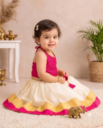 Image of Stanwells Kids Baby Girl Dress Cream Gold Pattu Pavadai Cotton Silk Lehenga Choli Kerala Kasavu South Indian Onam Festival Traditional Ethnic Wear