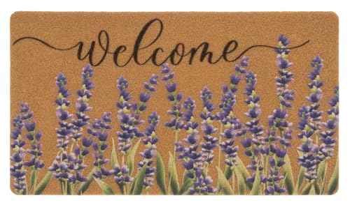 Felpudo de bienvenida con flores de lavanda para puerta delantera, tapete de entrada para interiores y exteriores, antideslizante, de fibra de coco, 17 x 29 pulgadas