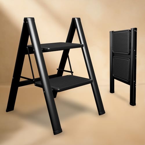 Image of Lifelong 2 Steps Steel Ladder for Home, Foldable & Portable Stairs, Versatile Use for Kitchen, Bathroom & Office Foot Stool - Multipurpose Two Step Stool with 150 Kg Capacity (LLSLS02, Black)