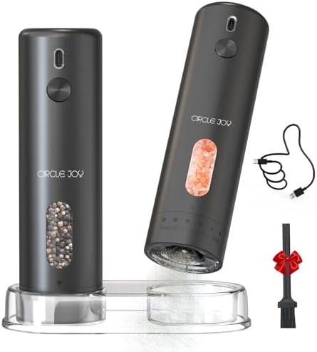 CIRCLE JOY Rechargeable Electric Salt and Pepper Grinder Set with Base, Automatic Pepper Mills with 110ml Container, External Adjustable Coarseness, White Led Light and One-Handed Operation, Black