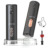 CIRCLE JOY Rechargeable Electric Salt and Pepper Grinder Set with Base, Automatic Pepper Mills with 110ml Container, External Adjustable Coarseness, White Led Light and One-Handed Operation, Black
