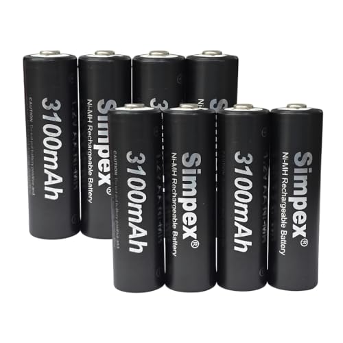Image of Simpexs 3100mAh High Power Ni-MH AA Ready to Use Rechargeable Battery with Quick Charging and Low Self Discharge, Can Charge up to 1000 Times (Black, 3100mAh-Pack of 8)