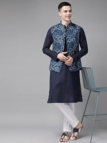 Image of See DesignsMen Blue & Beige Printed Pure Cotton Nehru jacket
