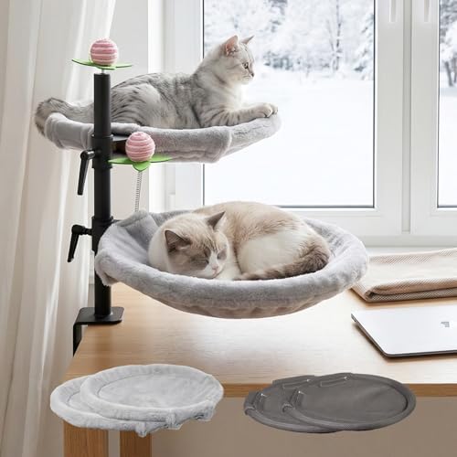 Double Cat Desk Bed 360 Rotating & Adjustable Desk Mount with Soft Faux Fur & Breathable Mesh Accessories Ergonomic Cat Perch for Remote Workers Gamers and Office Staff - Supports up to 44 lbs