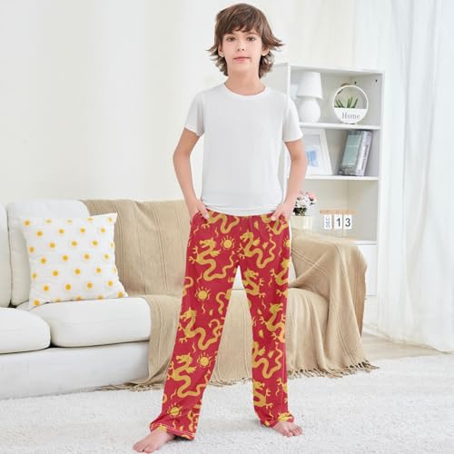 Boy's Pants Gold Dragon Fire Ball Red Jogger Pants Elastic Waist Long Bottoms Trousers with Pockets 6-14 Years 5
