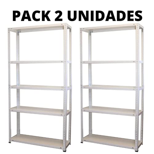 Kit 2 estanterías modulares metálica para uso particular y profesional, color BLANCO 5 baldas capacidad de carga máxima 250kg. 170cm x 75cm x 30cm. Ideal para garajes, talleres, almacenes y decoración