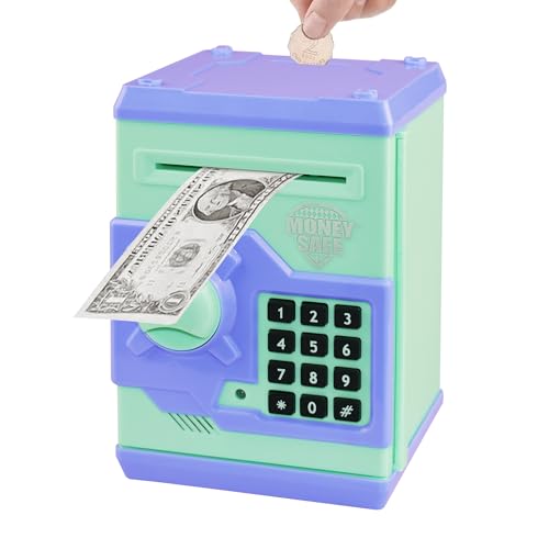 Totola Piggy Bank Electronic Mini ATM for Kids Baby Toy, Safe Coin Banks Money Saving Box Password Code Lock for Children,Boys Girls Best Gift (Blue-Green)