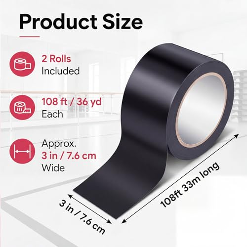 Image of Pangda 2 Rolls Dance Floor Vinyl Tape Black 36 yd x 3 in Durable Tape Splicing Strong Adhesion No Residue for Gym Dance Room Restaurants Kitchen Floor Safety Marking