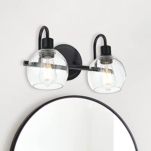 Image of Black 2-Lights Wall Sconce Lighting with Seeded Glass Lampshades Industrial Bathroom Vanity Light Fixtures for Hallway Kitchen Bedroom