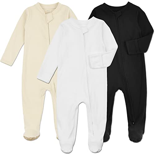Image of Aablexema Baby Footie Pajamas with Mittens - 3Pcs Infant Footed Sleeper Cotton Sleepwear Outfits
