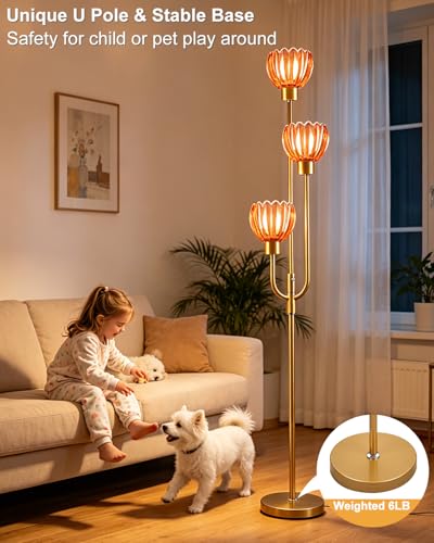 Image of 3-Lights Modern Glass Floor Lamp Gold Dimmable Floor Lamps with 3000K Warm White Bulbs for Wedding Party 66IN Tall Standing Lamp with Deep Red Glass Shade for Living Room /Bedroom /Girls Room