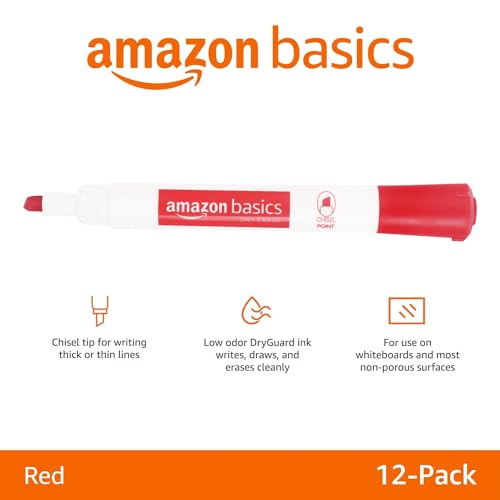 Image of Amazon Basics Dry Erase Whiteboard Markers, Chisel Tip, Low-Odor, Red, 12-Pack, For Writing on Whiteboards