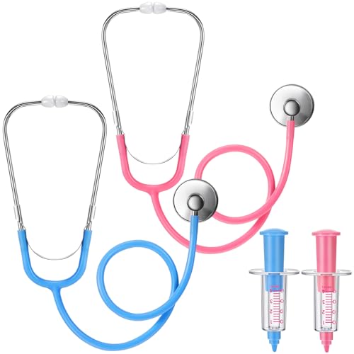 4 Pcs Kids Stethoscope with Syringe Toy Stethoscope Preschool Pretend Doctor Toys for Costume Kids Boys Girls Role Play Accessories, Pink Blue
