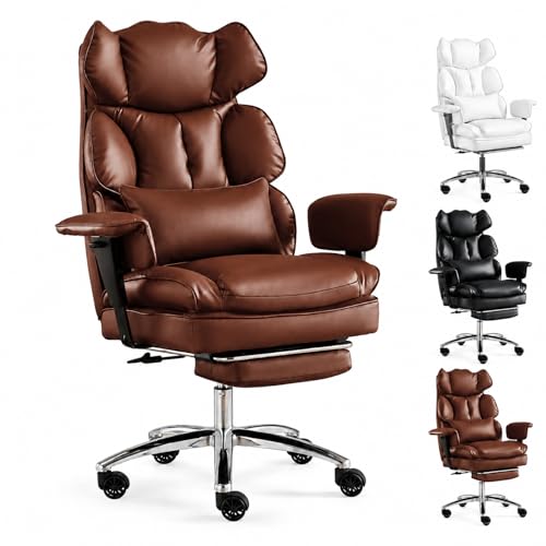 Image of Big and Tall Ergonomic Office Chair with Footrest, Executive High Back PU Leather Desk Chair, Reclining Computer Chair with Adjustable Lumbar Support and Armrests, Swivel Rolling Gaming Chair, Brown