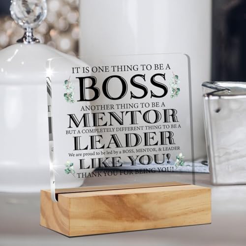 Image of Bs amor Appreciation Boss Gifts for Men Women, Awesome Boss Desk Decor Acrylic Desk Plaque Sign with Wood Stand Home Office Desk Sign 5x4 Inches