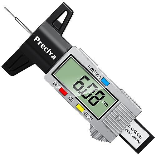 Tyre Tread Depth Gauge Preciva Silver 0-25.4mm/Inch Digital Tire Checker UK Tyres Depths Measuring Tool with Large LCD Screen for Cars Trucks Vans