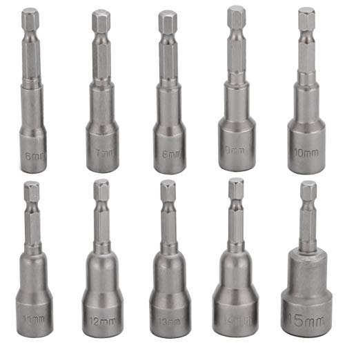 LAOYE 10 Pcs Embout Douille Visseuse à Choc 6-15mm Set Magnétique Hexagonale Douille Jeu de Embout Aimanté Perceuse Prise Hexagonale douille Set 1/4 Pouce pour Mandrin à Changement Rapide