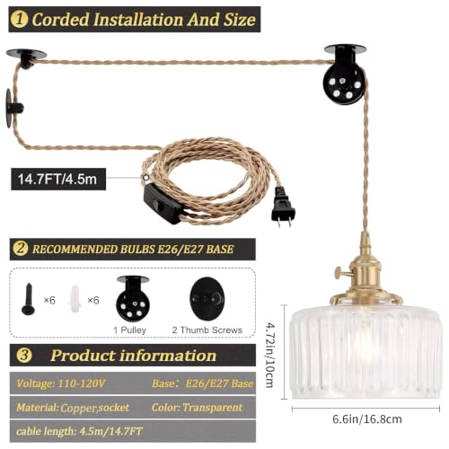 Image of Shenmoyl Plug in Pendant Light Hanging Light Fixture Corded On /Off Switch Brass Pendant Light with Clear Striped Glass Lampshade for Bedroom Living Room Kitchen Island
