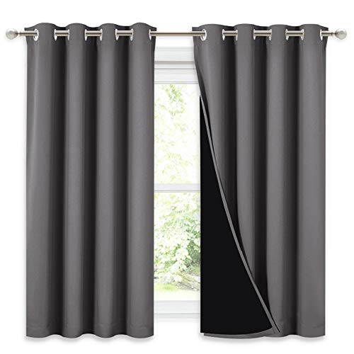 Image of NICETOWN 100% Blackout Curtains with Black Liners, Thermal Insulated Full Blackout 2-Layer Lined Drapes, Noise Cancellation Window Draperies for Dining Room (Grey, 2 Panels, 52-inch W by 54-inch L)