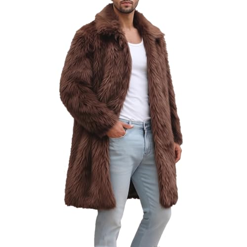 Image of Colf Men's Winter Fluffy Lapel Faux Fur Coat Jacket | Mens Faux Fur Jacket, Winter Long Overcoat, Long Sleeve, Fluffy, Thik Warm