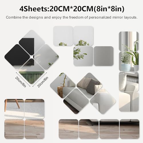 Image of Shiftshade Wall Stickers - Unbreakable Self-Adhesive Mirror Tiles for Bedroom, Home, Gym, Door - Acrylic Shatterproof Sheets, Panels (8x8 Inch, 4 Pcs)