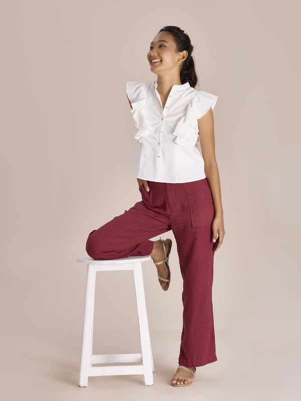 Image of GO COLORS Solid Linen Cargo Pants for Women | Full Length, Mid Rise, Side Pockets