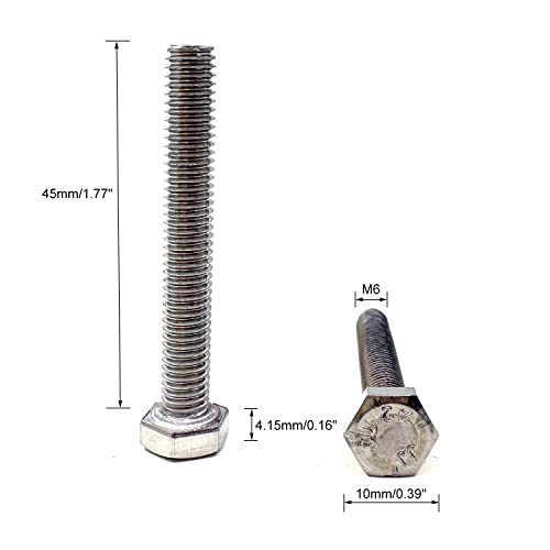 Image of M6 Hex Bolt, M6-1.0 x 45mm Hex Head Screw Bolts, 304 Stainless Steel, Fully Threaded, Plain Finish, Hex Tap Bolts 20Pcs (M6x45mm)