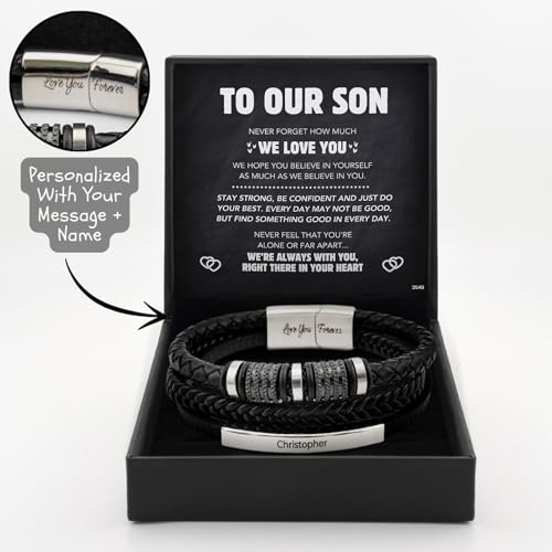 ziella To My Son Bracelet, From Mom/Dad, Multilayer Braided Leather Bracelet, Personalized Engraved Men's Gift with Message Card and Gift Box, Leather Weaving, Stainless Steel2