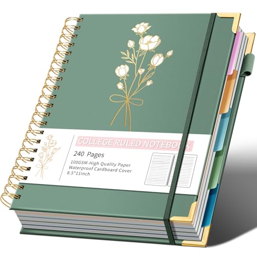 Ovesmusl Hardcover Spiral Notebooks 8.5' X 11' Note Taking 5 Subject Notebook College Ruled with Dividers 240 Pages 100GSM Aesthetic Spiral Notebook for Work School Cute Journals for Women Writing