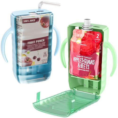 Image of AJT 2 Pack Pouch Holder No Squeeze - Baby Pouch Holder & Juice Box Holder, Spill Proof Push-Open Design & Adjustable Slider Holder for Food Pouches For Baby Self-Feeding(Blue & Green)