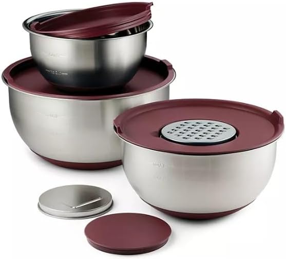 Tramontina 8 Piece Stainless Steel Mixing Bowl and Grater Set with Lids (Cranberry)