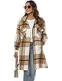 Springrain Women's Casual Plaid Wool Blend Shacket Button Shirt Long Jacket Coat（Khaki-M）