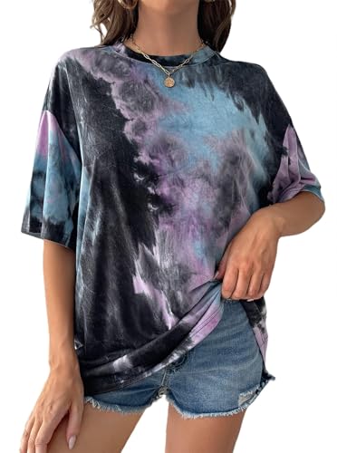 Remidoo Women's Casual Crewneck Short Sleeve Tie Dye Oversized T Shirt Graphic Tee Top Purple Black Large