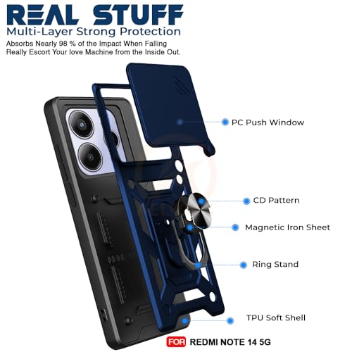 Image of Armor Bumper Back Cover Case for REDMI Note 14 5G | Rotating Camera Cover, Ring Holder & Kickstand | Heavy Duty & 360 Degree Protection REDMI Note 14 5G Back Cover (Blue)
