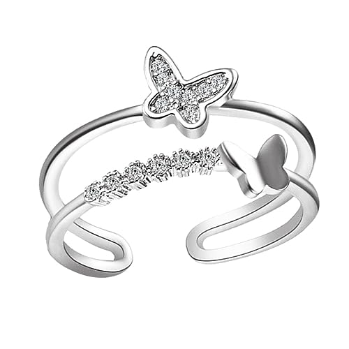 KESYOO Adjustable Double Layer Butterfly Ring for Women Opening Finger Ring with Rhinestone Decoration Simple Knuckle Decor Ring Stackable Jewelry for Daily Wear