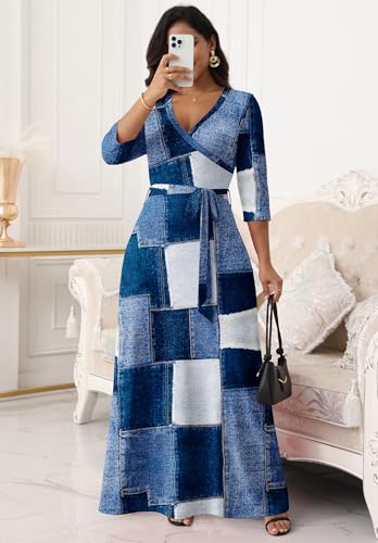 Image of FANDEE Plus Size Maxi Dress for Women Casual Summer Sundress V-Neck 3 /4 Sleeve