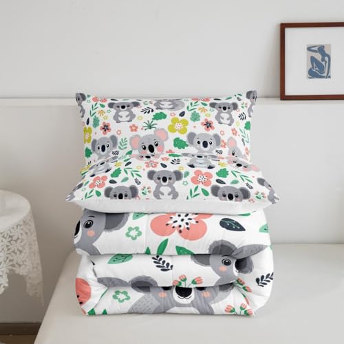 Image of Feelyou Cute Koala Bear Comforter Set Queen Size, Cartoon Koala Comforter Botanical Leaves and Flowers Comforter Set for Kids Kawaii Animals Duvet Set Microfiber Quilt Set