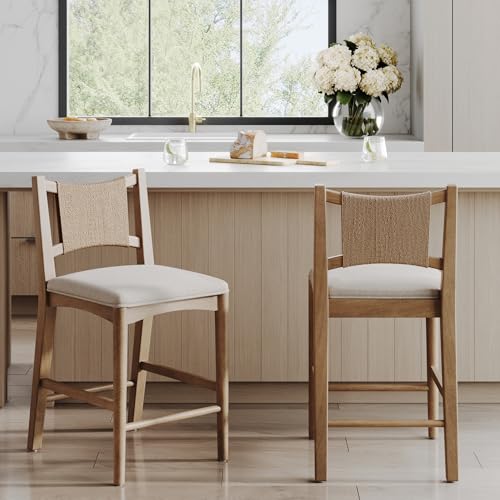 Image of Nathan James Elodia Boho Counter Height Bar Stool with Back, Woven Seagrass Backrest and Solid Wood Frame, Light Brown Set of 2