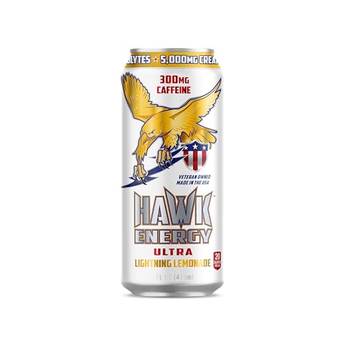 HAWK ENERGY ULTRA - Premium Sugar Free Energy Drink - 12 Pack - LIGHTNING LEMONADE - Focus and Power - 5000mg Creatine, 300mg Caffeine, BCAA's, B6/B12, Taurine and L-Carnitine, 100% Veteran Owned and Made in the USA