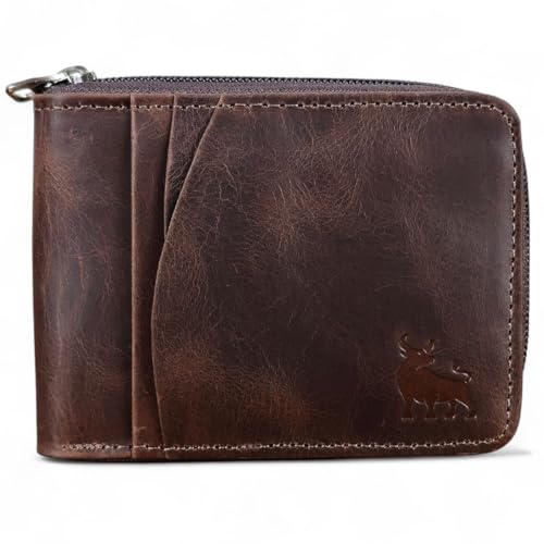 Carteira Masculina De Couro Legítimo Bovino Com Ziper CNH Cartões Antifurto Proteção RFID - 287 (Marrom Café - Couro CBFT)