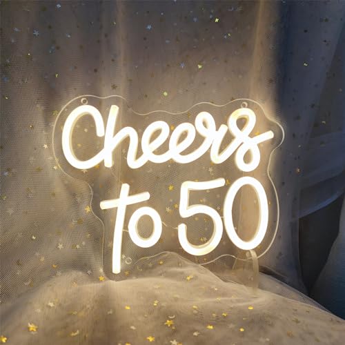 Image of Cheers to 50 Years Neon Sign 50th Anniversary Decorations, LED Lights Sign 50th Birthday Decorations for Living Room Bedroom Bar Birthday Wedding Party Decor, 9.4 inch x 7.9 inch