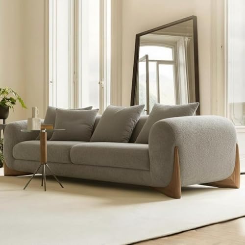 Image of Boucle Fabric Modern Design Sofa with Pillow or Strong Woden Legs Best for Living Room, Halways, Garden (3+1 Seater + Ottoman (Light Grey))