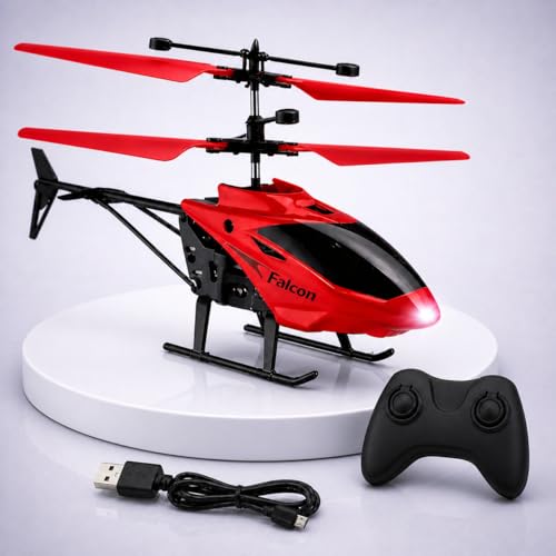 Image of KIDZYMON RC Helicopter with Hand Gravity Sensor, Flying Remote Control Toy, Rechargeable with 3D Light & Safety Sensor for Kids Age 4+ Years, Pack of 1, Cherry Red Colour