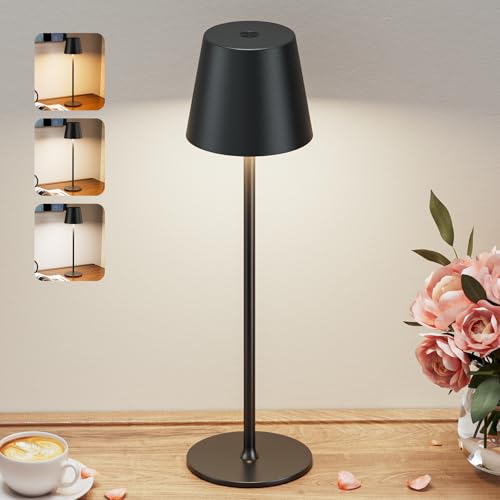 Image of Kakanuo Black Cordless Table Lamp Rechargeable - KK 1 Pack 5000mAH Battery Operated Lamp for Counter, 3 Color Stepless Dimming Wireless Lamps for Dining Kitchen, Outdoor Patio, Touch Control