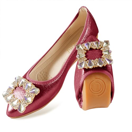 Women Ballet Flats Buckle Rhinestone Wedding Ballerina Shoes Foldable Sparkly Comfort Slip on Flat Shoes
