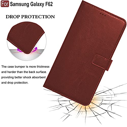 Image of CEDO Flip Cover for Samsung Galaxy F62 (4G) | Leather Finish | Inside Pockets & Inbuilt Stand | Shockproof Wallet Style Magnetic Closure Back Case Flipcover (Brown)